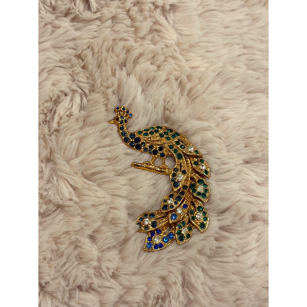 Vintage Gold Tone Peacock Brooch Blue Green Rhinestone Crystal Bird Pin Grandma